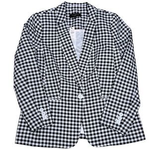 Talbots Linen Blend Preppy Minimal Gingham Blazer Size 12 Petite Black/White NWT